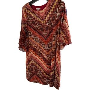 Sandra Darren Tribal Aztec Multicolor Geometric Print Angel Wing Sleeve Dress XL